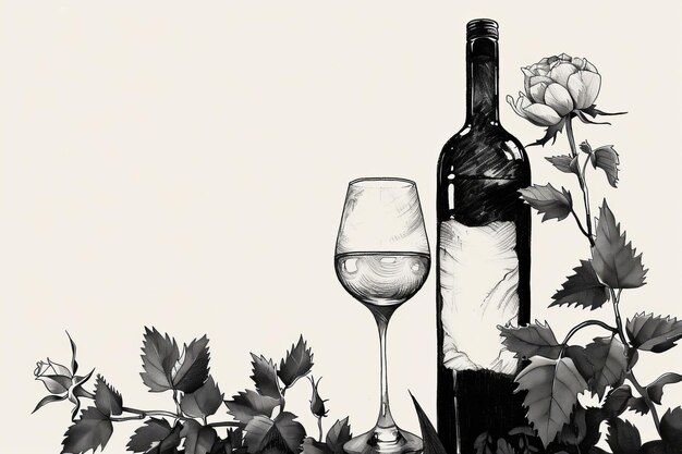 Foto elegante garrafa de vinho e copo com uma ilustração de rosa