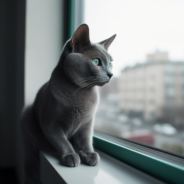 Elegante gato azul ruso en el alféizar de la ventana