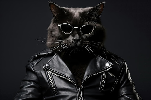 El elegante gato negro con chaqueta de cuero y gafas de sol