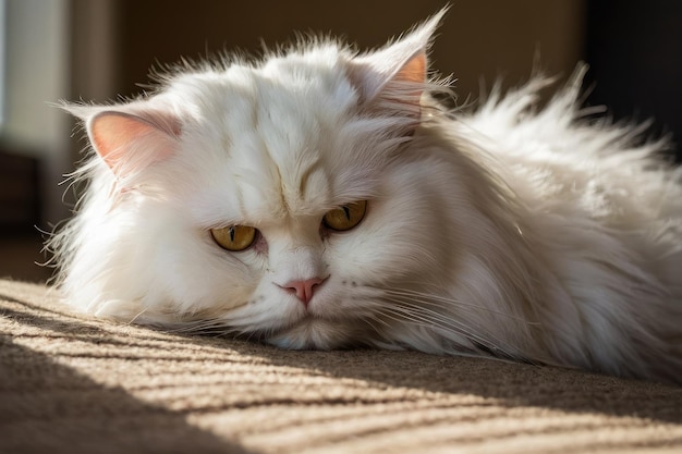 Elegante gato persa blanco descansando en el interior