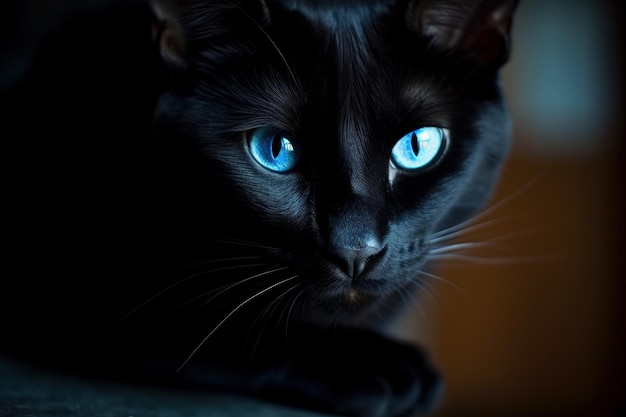 Elegante Gato preto olhos azuis Cabeça de gatinho escuro Gerar Ai