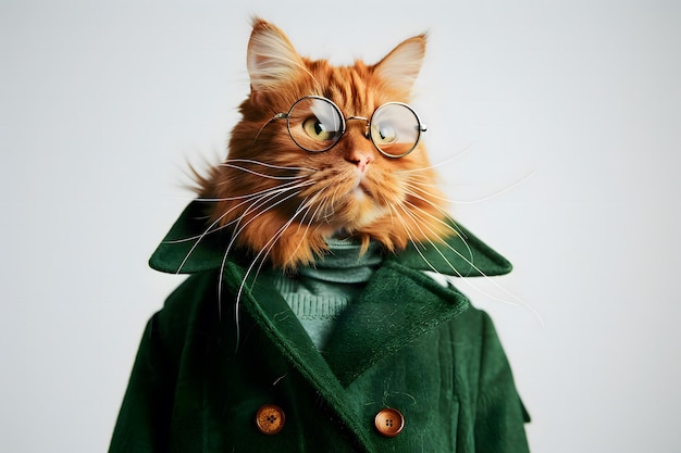 Un elegante gato rojo con gafas y un abrigo verde