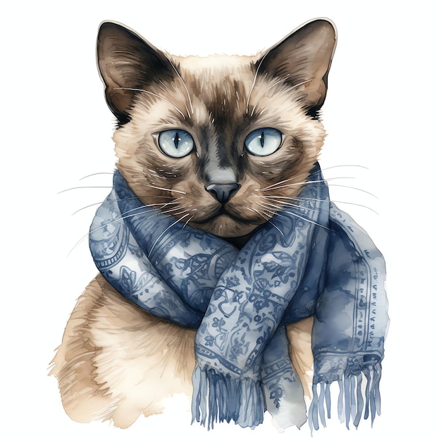 Elegante gato siamés con una chaqueta vaquera y una bufanda de moda, ilustración estilo acuarela para