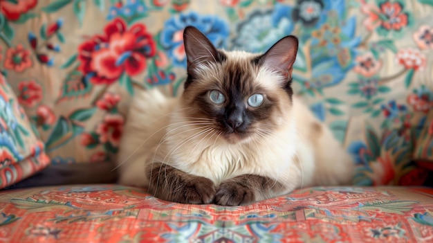 Foto elegante gato siamés descansando en un colorido sofá con patrones florales mostrando sus ojos azules y