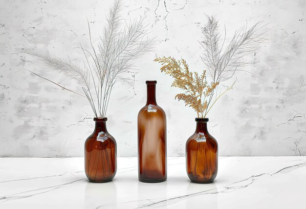 Foto elegante glasflaschen aus bernstein mit getrockneten pflanzen auf neutralem hintergrund