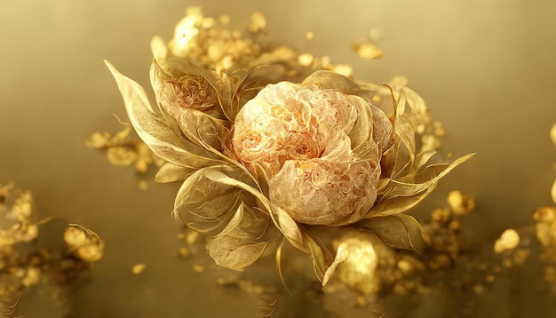 Elegante goldene Blumen und Äste auf hellem Hintergrund Vintage-Blumendekor für Postkarten Fantastische 3D-Illustration der Pflanze