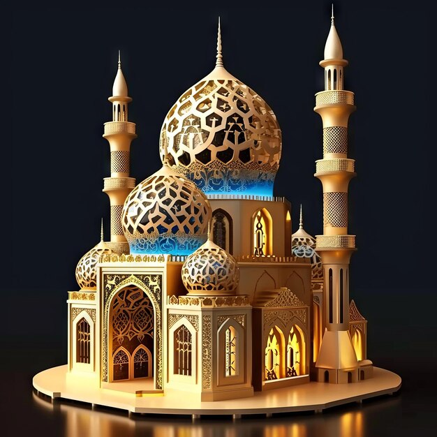Elegante goldene d schöne Moschee mit blauer Nachtbeleuchtung steht auf dem Podium mit arabischem