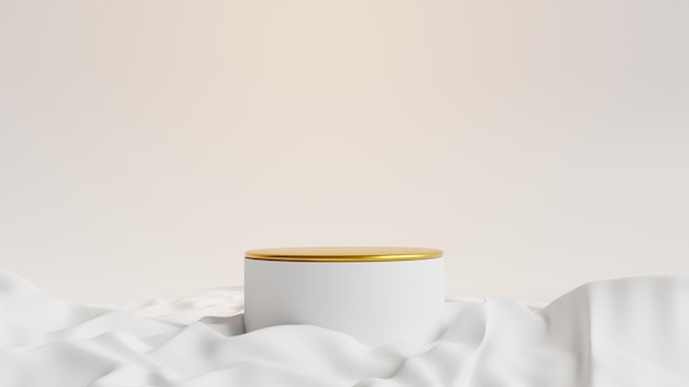 Elegante goldweiße Podiumsvitrine mit gekräuseltem Stoff auf dem Boden für die Produktpräsentation 3d gerendert
