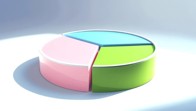 Un elegante gráfico circular de tres secciones en colores pastel rosa, azul y verde se encuentra contra un fondo brillante que representa la segmentación y el análisis de datos en un estilo moderno