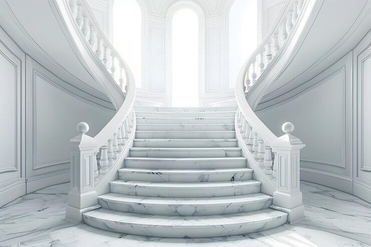 Elegante gran escalera en un lujoso interior blanco