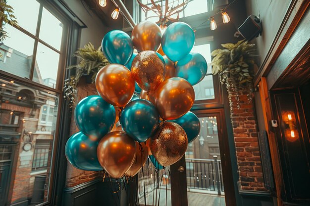 Elegante grupo de globos azules y naranjas brillantes flotando en un elegante interior de café con estilo vintage