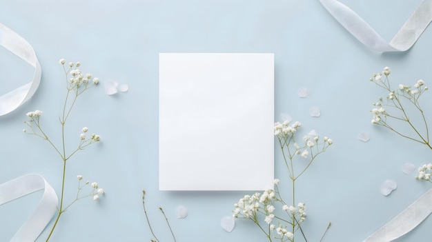 Elegante Grußkarte-Mockup mit weißen Blumen und Bändern auf blauem Hintergrund