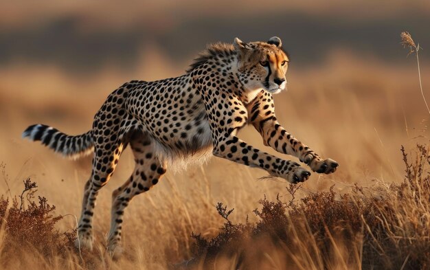 El elegante guepardo en el aire en Savannah