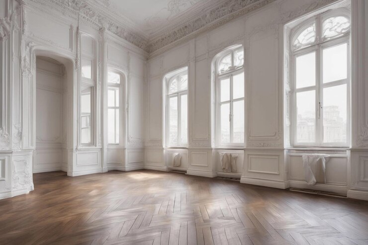 Elegante habitación blanca con suelo de madera y grandes ventanas