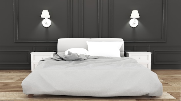 Foto elegante habitación de cama en pared negra. estilo de lujo. representación 3d