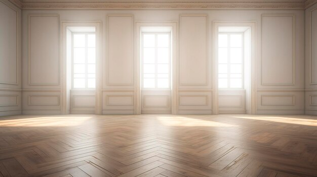 Elegante habitación vacía con paneles de pared clásicos y suelo de madera dura