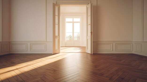 Elegante habitación vacía con paneles de pared clásicos y suelo de madera dura