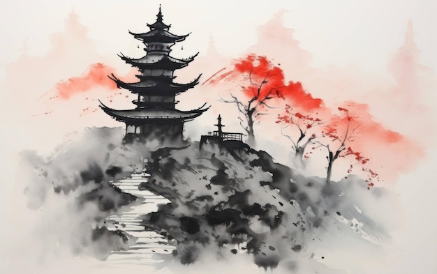 Elegante harmonia de árvore e pagode na arte chinesa por pinceladas