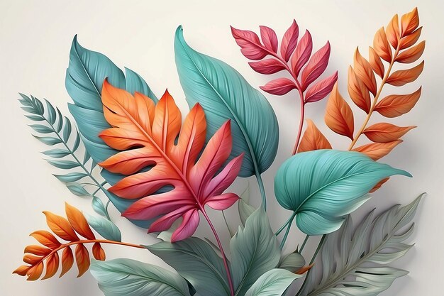 Elegante helle Blätter auf einem hellen Hintergrund Vintage-Blumendekorationen für eine Postkarten-Fantasiepflanze 3D-Illustration