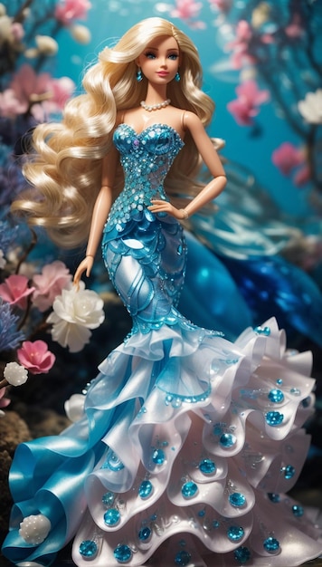 Foto elegante y hermosa muñeca barbie sirena con cola iridiscente en medio de un fondo acuático de peces