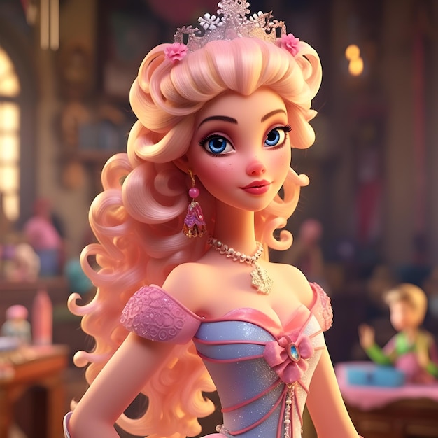 Elegante hermosa princesa de dibujos animados en 3d