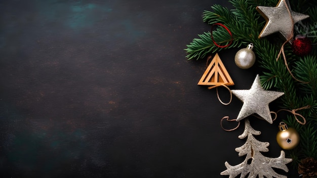 Elegante hermoso adorno navideño decoración árbol hoja de pino adorno de bola de cristal y estrella plana utilizada para banner y fondo o telón de fondo para saludos de temporada