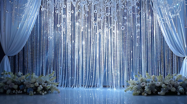 Elegante y hermoso telón de fondo de boda con cortinas de cuentas de cristal y arreglos florales perfecto para una boda de lujo o un evento especial
