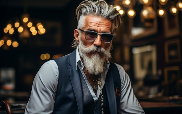 El elegante hipster de edad avanzada con bigote y la hermosa IA