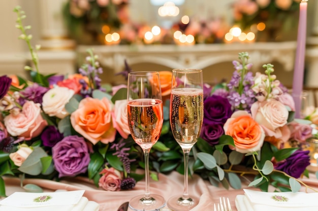 Elegante Hochzeitsfeierstischgestaltung mit farbenfrohen Blumenarrangements und Champagnergläsern