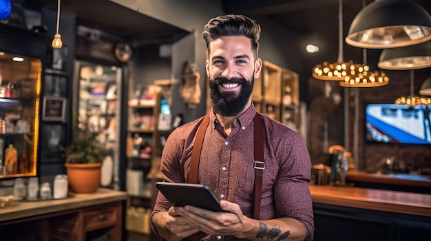 Elegante hombre barbudo sonriente parado frente a una barbería y sosteniendo una tableta Creado con tecnología de IA generativa