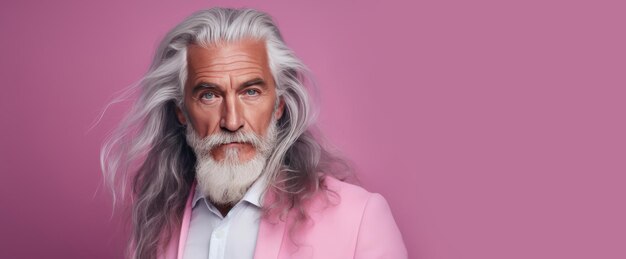 Foto elegante hombre de edad avanzada sonriente con cabello gris y largo con piel perfecta en un estandarte de fondo rosa