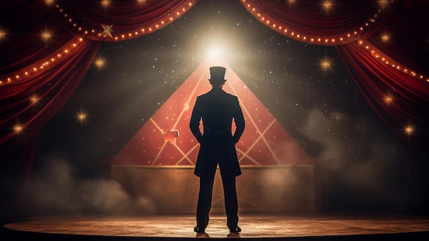 Foto elegante hombre de negocios en traje negro y corbata roja de pie frente a un enorme escenario con reflectores y un fondo negro.