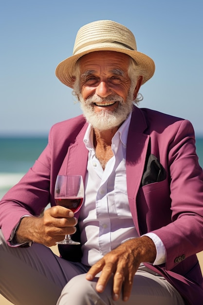 Un elegante hombre de seignon con una copa de vino se sienta en una silla en la orilla de arena AI generativa