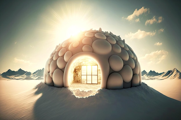 Elegante iglú de nieve con fachada redonda texturizada y luz interior