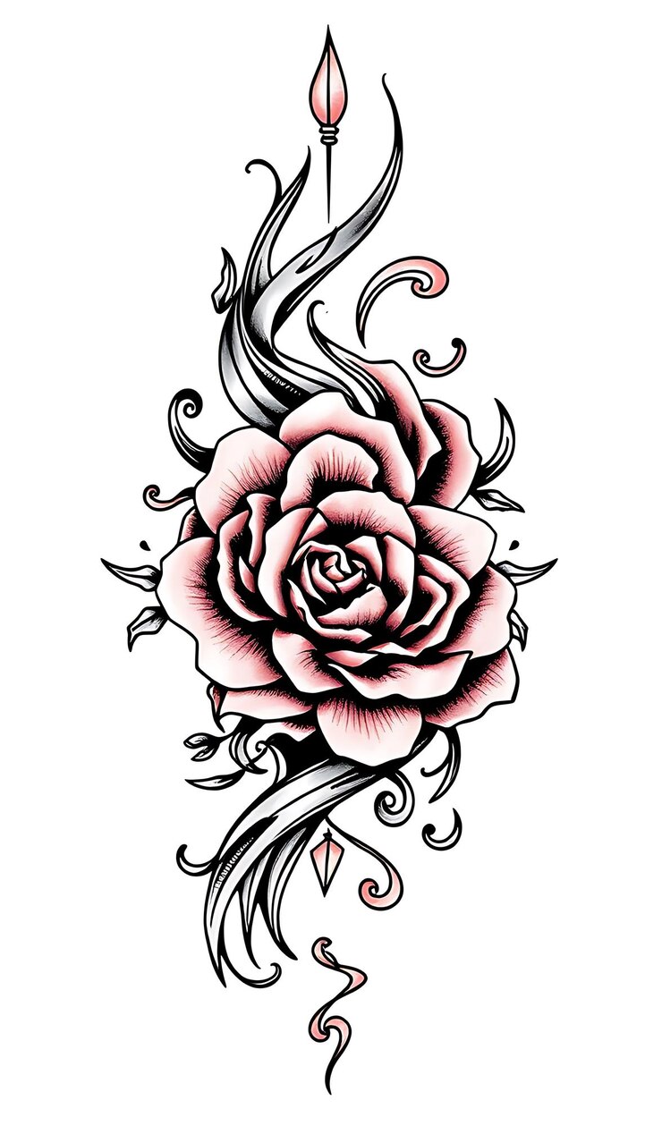 Foto elegante ilustração desenhada à mão de uma rosa rosa com desenho floral intrincado