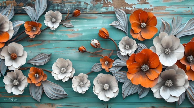 Elegante ilustración 3D de vibrantes flores naranjas y blancas en un fondo de madera rústico de color azul azulado diseño artístico de arreglos florales perfecto para papel tapiz o textura de tela AI