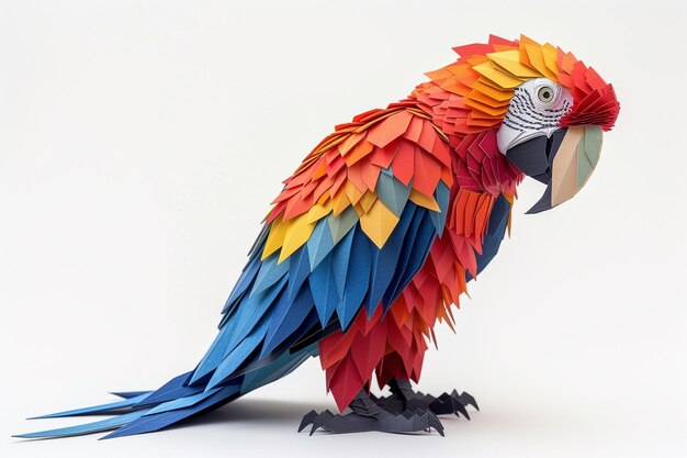 Una elegante ilustración simplificada de un guacamayo usando bloques de color para sugerir su plumaje
