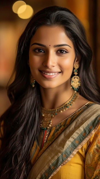 Elegante indische Frau in Sari und Schmuck posiert auf isoliertem, von KI erzeugtem Hintergrund