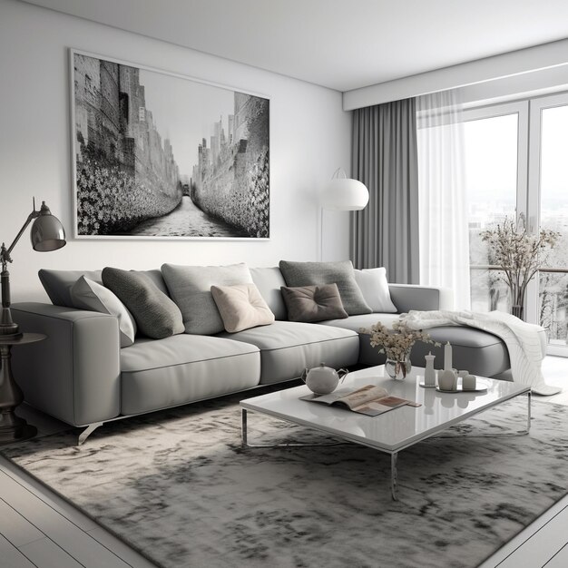 Foto elegante innenarchitektur in einem gemütlichen zuhause mit zeitgenössischem architekturdesign und plüschem sofa