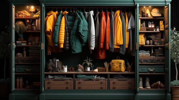 Elegante interior de armario con elegante ropa generativa ai