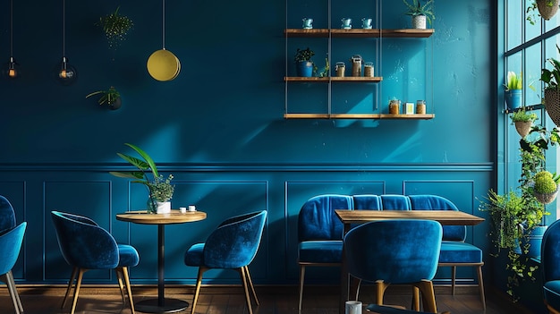 Elegante interior azul de la cafetería con muebles elegantes