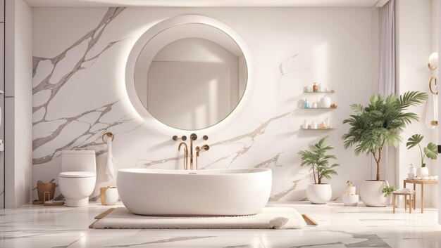 Elegante interior de baño blanco con espacio de copia de encimera de mármol blanco y producto de electrodomésticos de baño