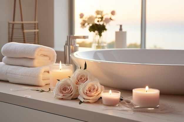 Elegante interior de baño blanco con moderno fregadero generativo de IA