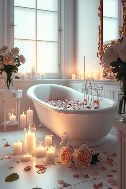 Foto elegante interior de baño blanco con velas encendidas en un ambiente romántico y pétalos de rosa ai generativa