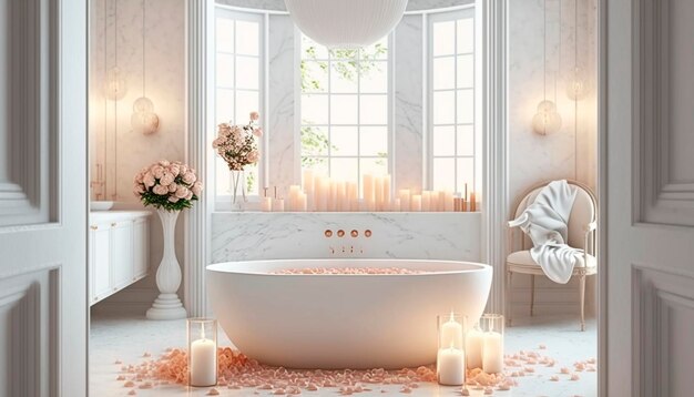 Elegante interior de baño blanco con velas encendidas en un ambiente romántico y pétalos de rosa AI generativa