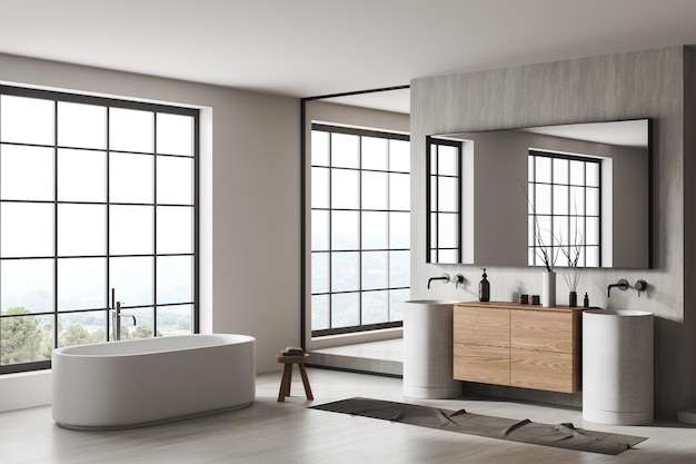 Elegante interior de baño con doble lavabo y accesorios de bañera y ventana