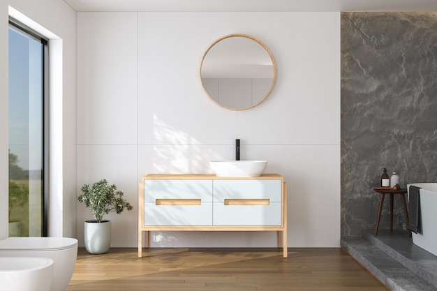 Elegante interior de baño con paredes blancas y de hormigón, lavabo blanco con espejo ovalado, bañera