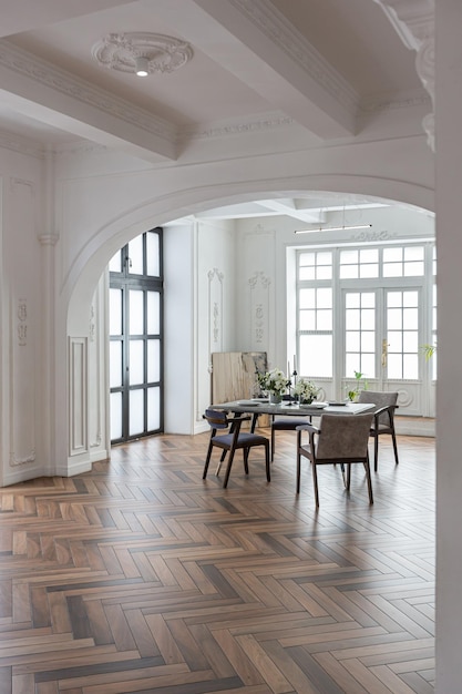 un elegante interior brillante caro de una gran sala de estar en una mansión histórica con arcos arqueados columnas y paredes blancas decoradas con adornos y estuco