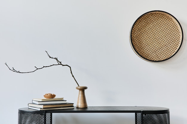 Elegante interior de una casa escandinava con inodoro de madera de diseño, libros, decoraciones, espacio para copiar y elegantes accesorios personales en la decoración del hogar moderno. Plantilla.