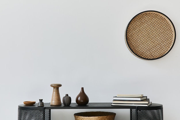 Elegante interior de una casa escandinava con inodoro de madera de diseño, libros, decoraciones, espacio para copiar y elegantes accesorios personales en la decoración del hogar moderno.